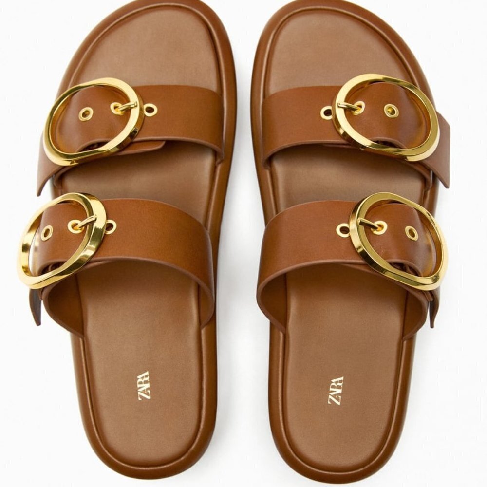 ZARA BUCKLED LEATHER WEDGE SANDALS BROWN SIZE 10  | 1316/110 - Picture 2 of 4